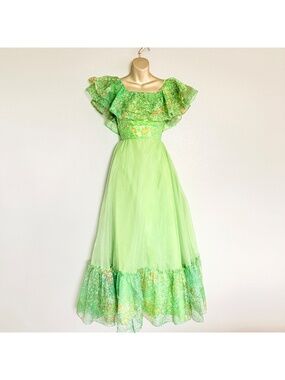 VTG Spring Whimsy Floral Chiffon Southern Belle Prairie Cottagecore Maxi Gown